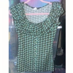 Mixxology LA Black Teal Cap Sleeve Ruffle Fitted Stretch Top Shirt- Size S NWOT